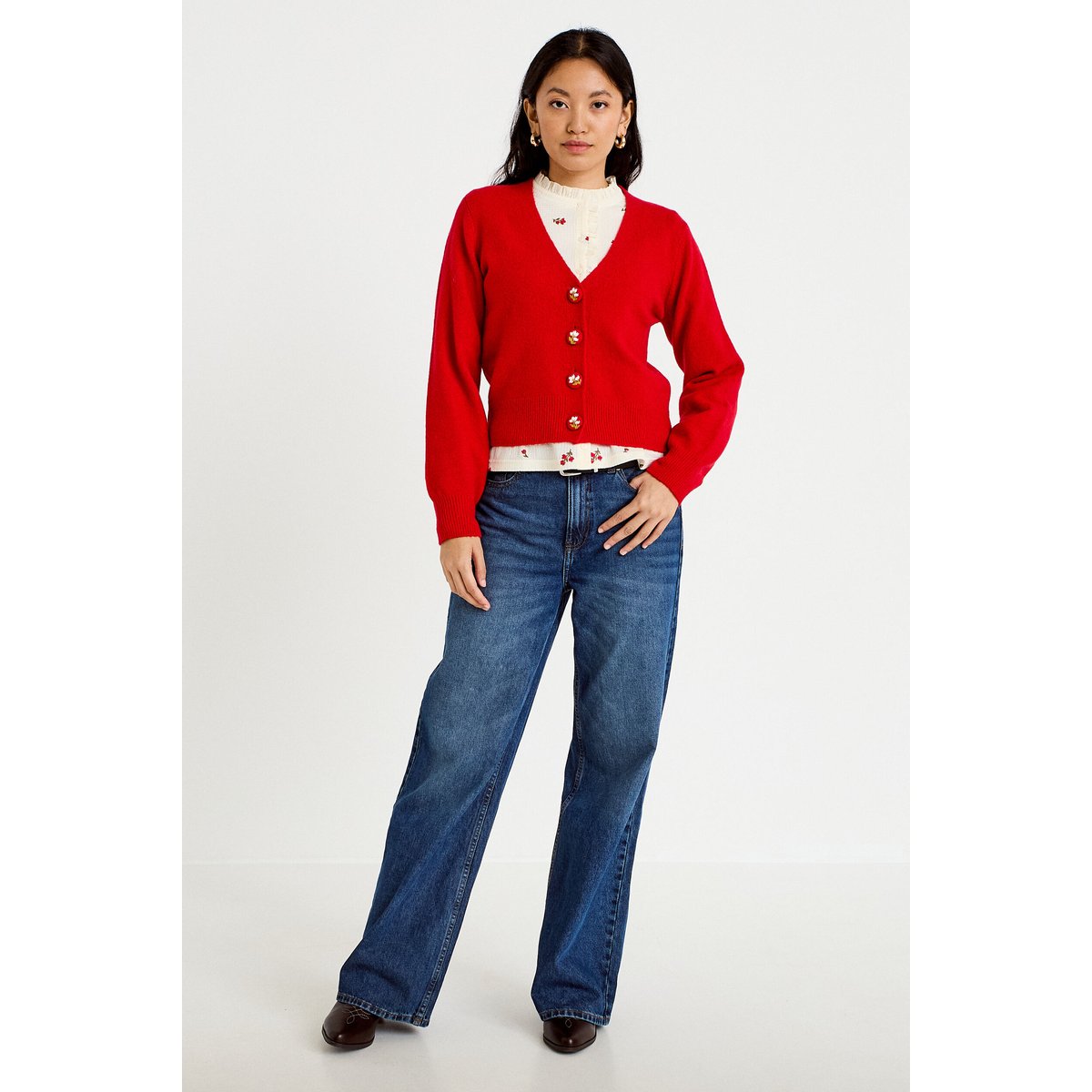 Gilet col v broderie manches longues rouge, CACHE CACHE