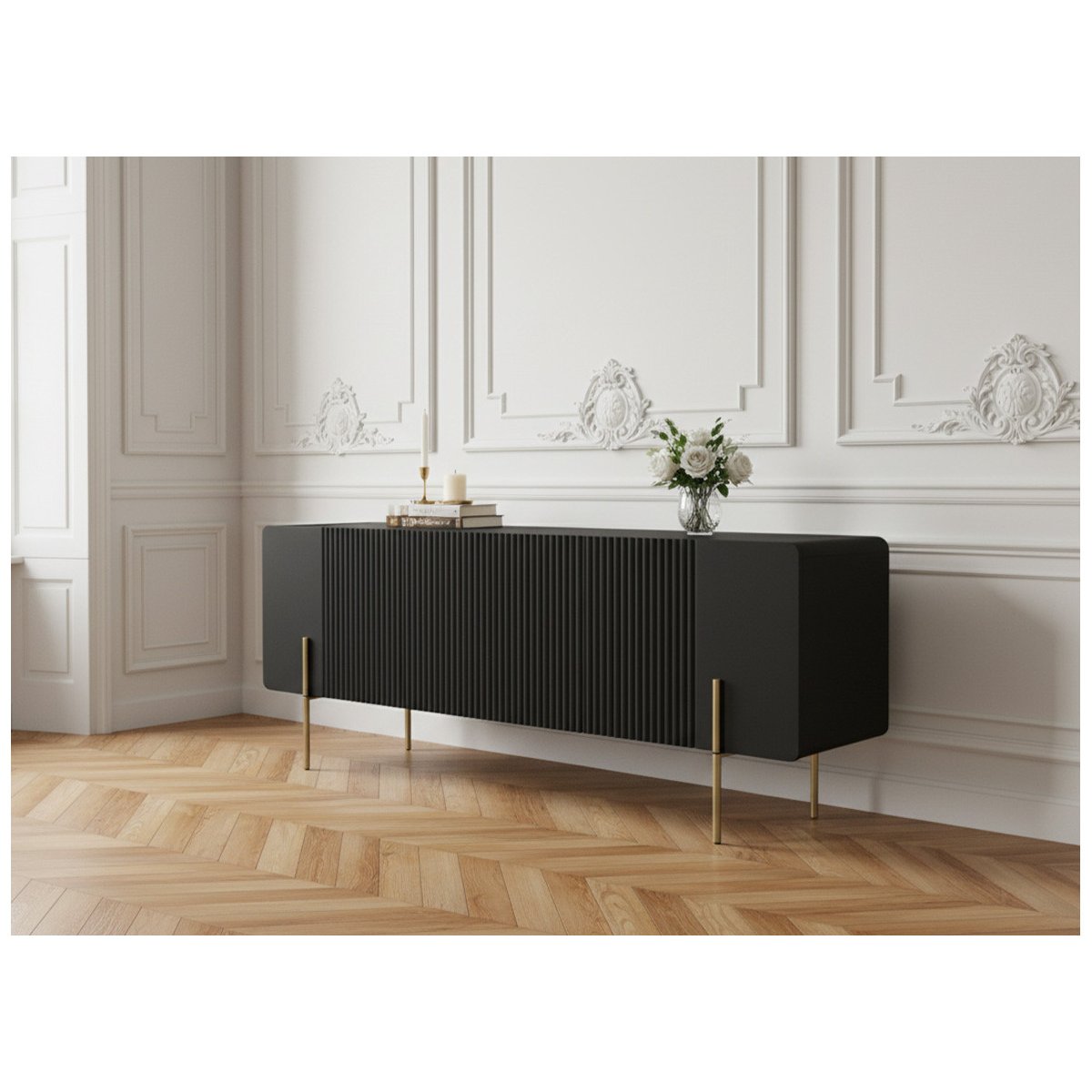 Meuble TV 150 cm panneaux de particules et MDF, MATHILDE noir, BOBOCHIC