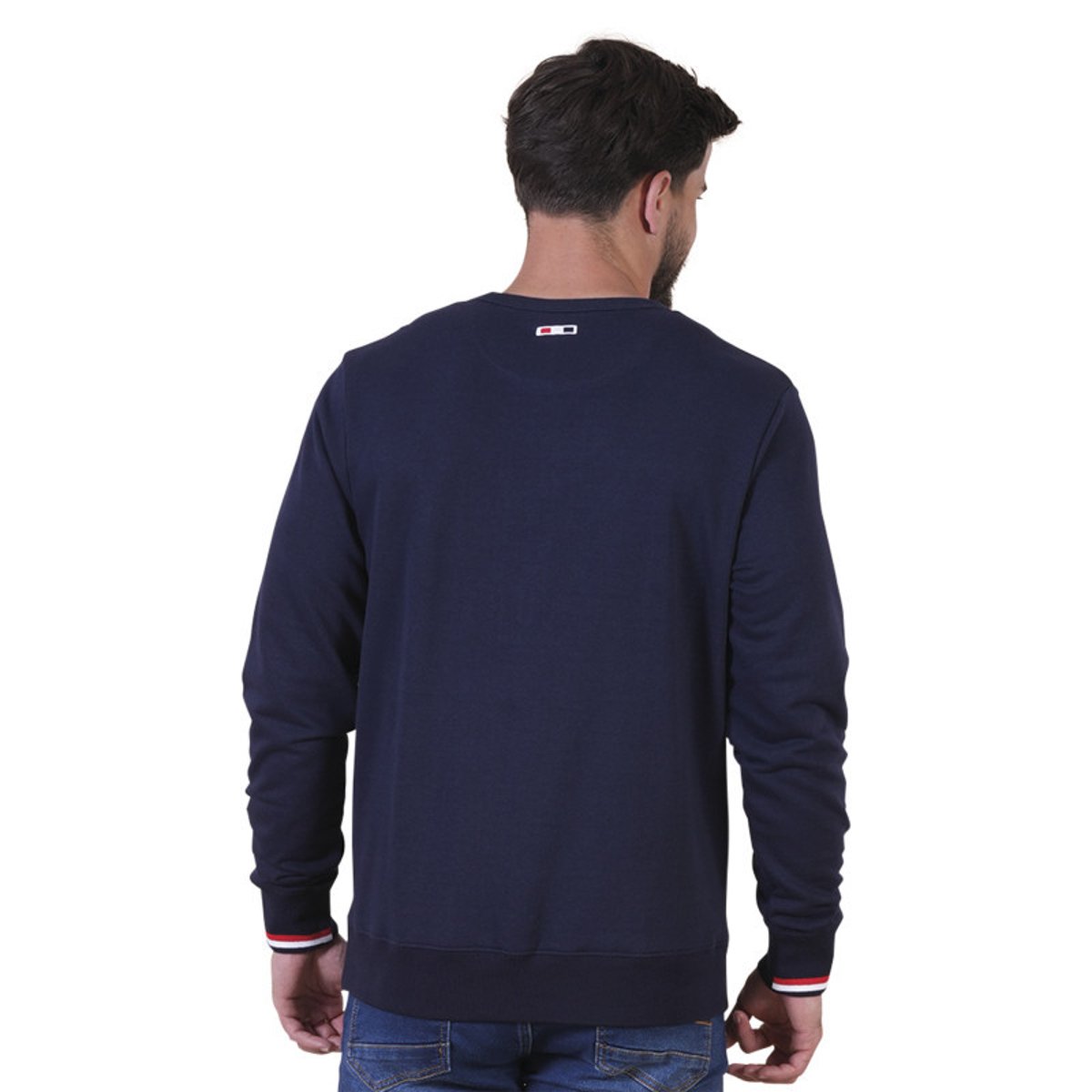 Sweat en coton biologique mélangé marine uni pourvu d'un col rond bleu foncé, RUCKFIELD
