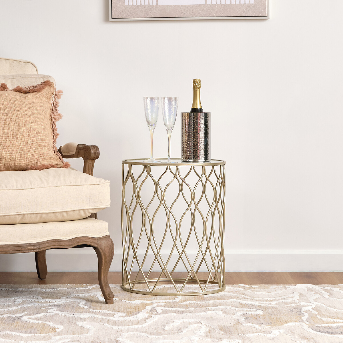 Set of 2 Round Side Tables with Mirror Top in Champagne Iron gold-coloured, SO'HOME
