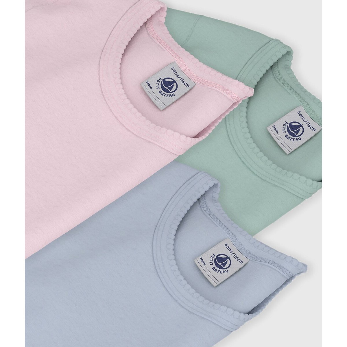 Lot de 3 t-shirts enfant en coton manches courtes uni bleu + rose + vert, PETIT BATEAU