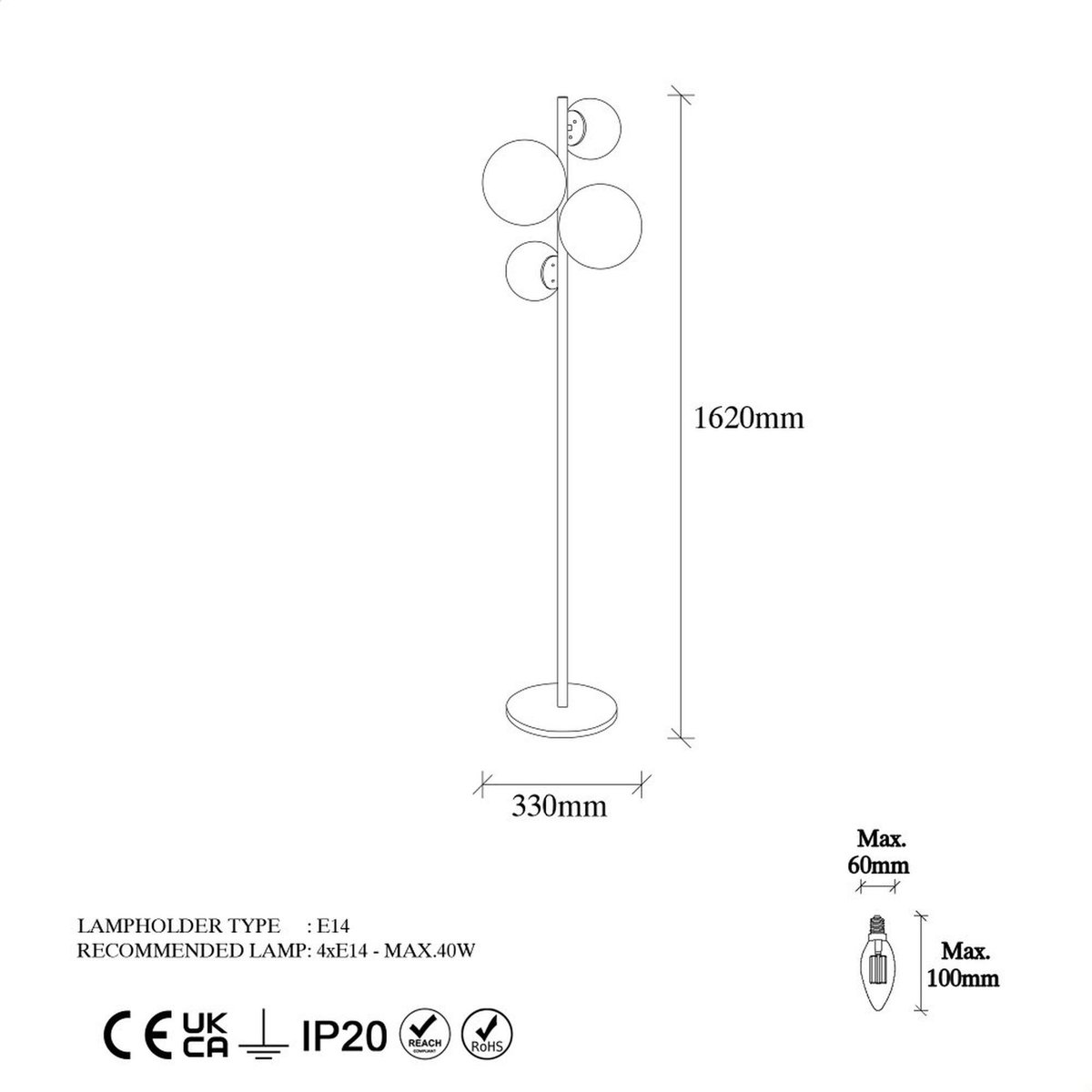 Lampadaire art déco doré, 4 globes verre dépoli SIERRE doré, PIER IMPORT