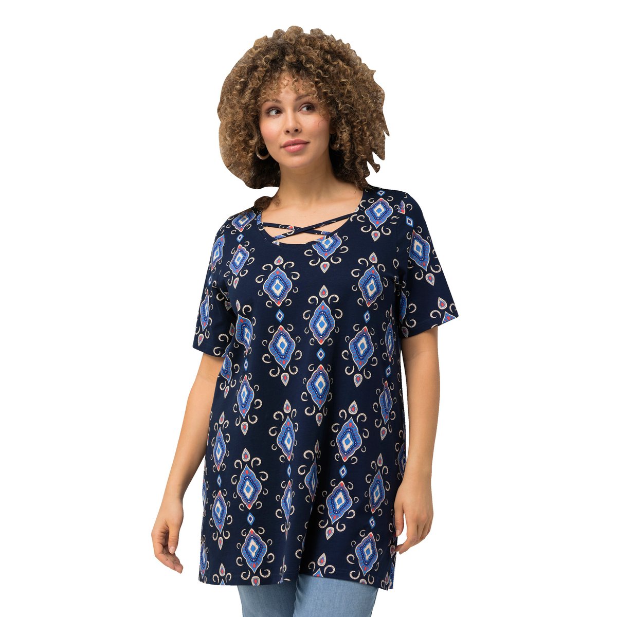 T-shirt long à col rond et manches courtes bleu nuit, ULLA POPKEN