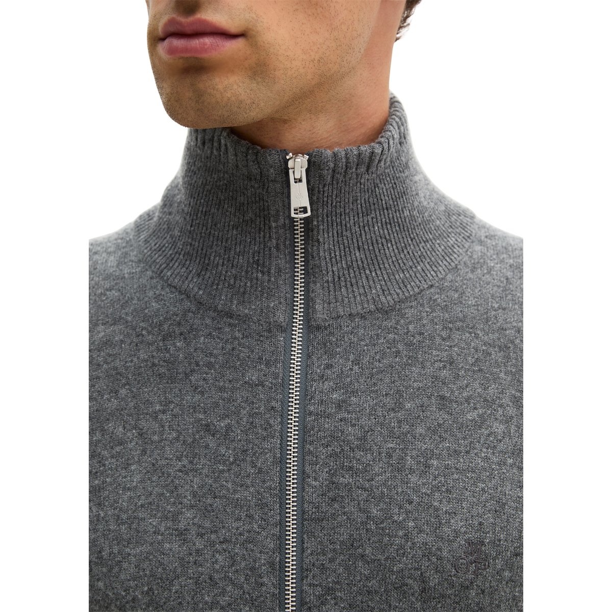 Cardigan à col montant, coupe régulière en mélange de coton bio et de laine vierge gris, MARC O'POLO
