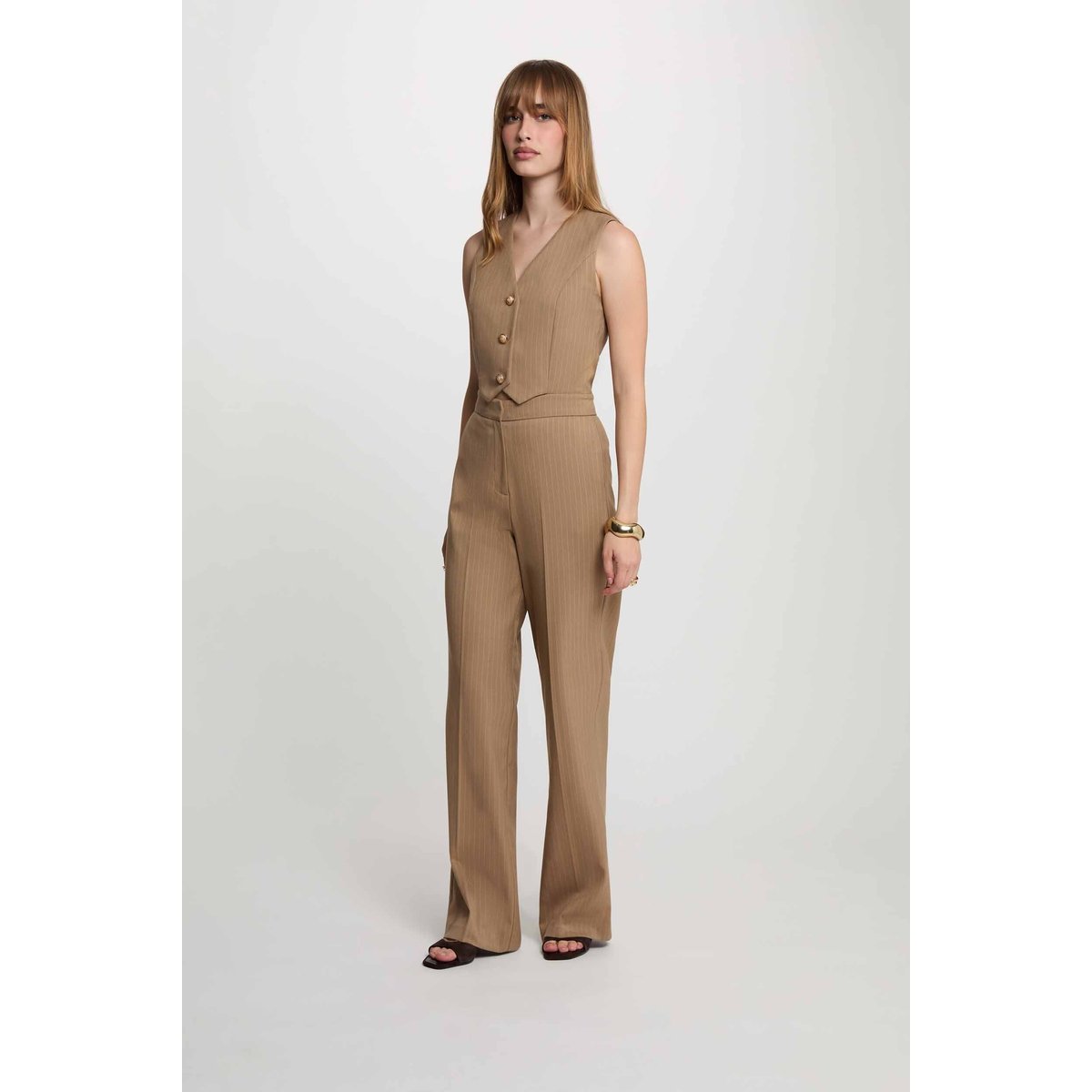 Combinaison fluide col v taupe, MORGAN