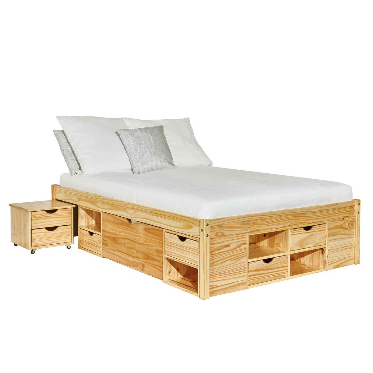 Lit tiroir en bois massif avec multiples rangements bois clair, TERRE DE NUIT