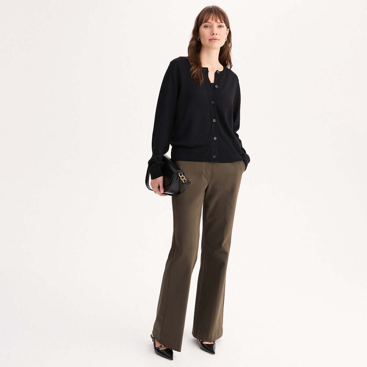 Cardigan col rond en fine maille, en laine mélangée noir, ANNE WEYBURN