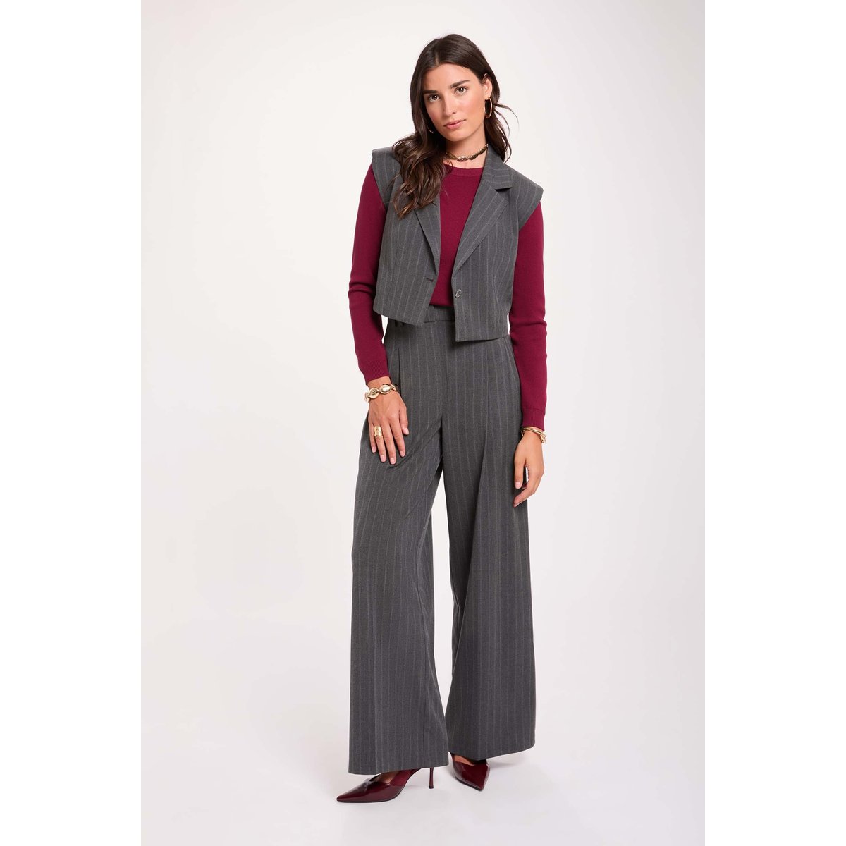 Gilet rayé sans manches denim gris fonce, MORGAN