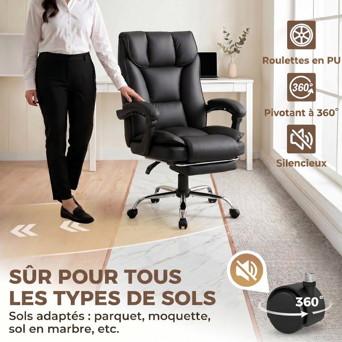 Chaise de bureau Revêtement synthétique Noir noir, HOMCOM