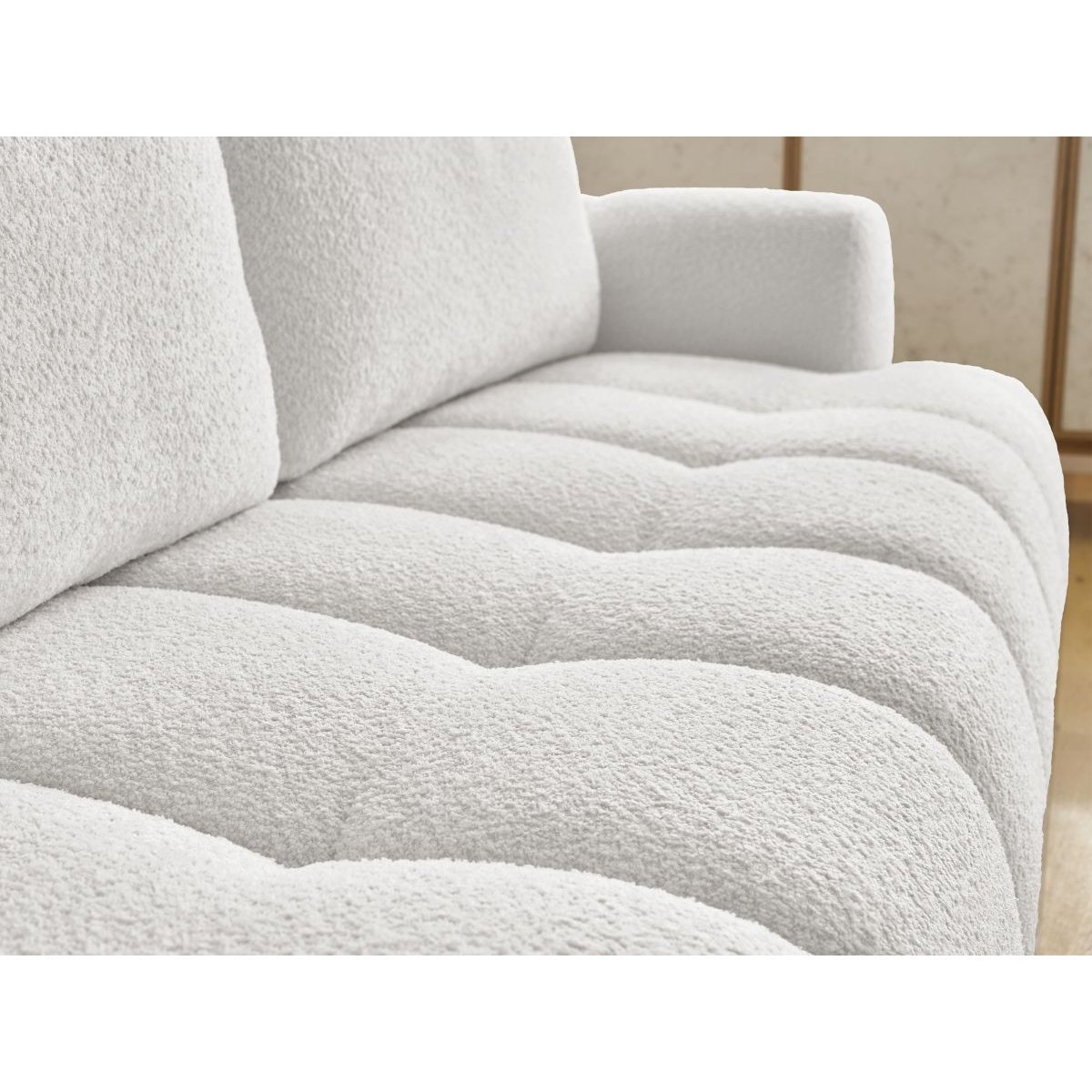 Canapé droit convertible 3 places en tissu bouclette avec pouf, FUJI blanc, BOBOCHIC