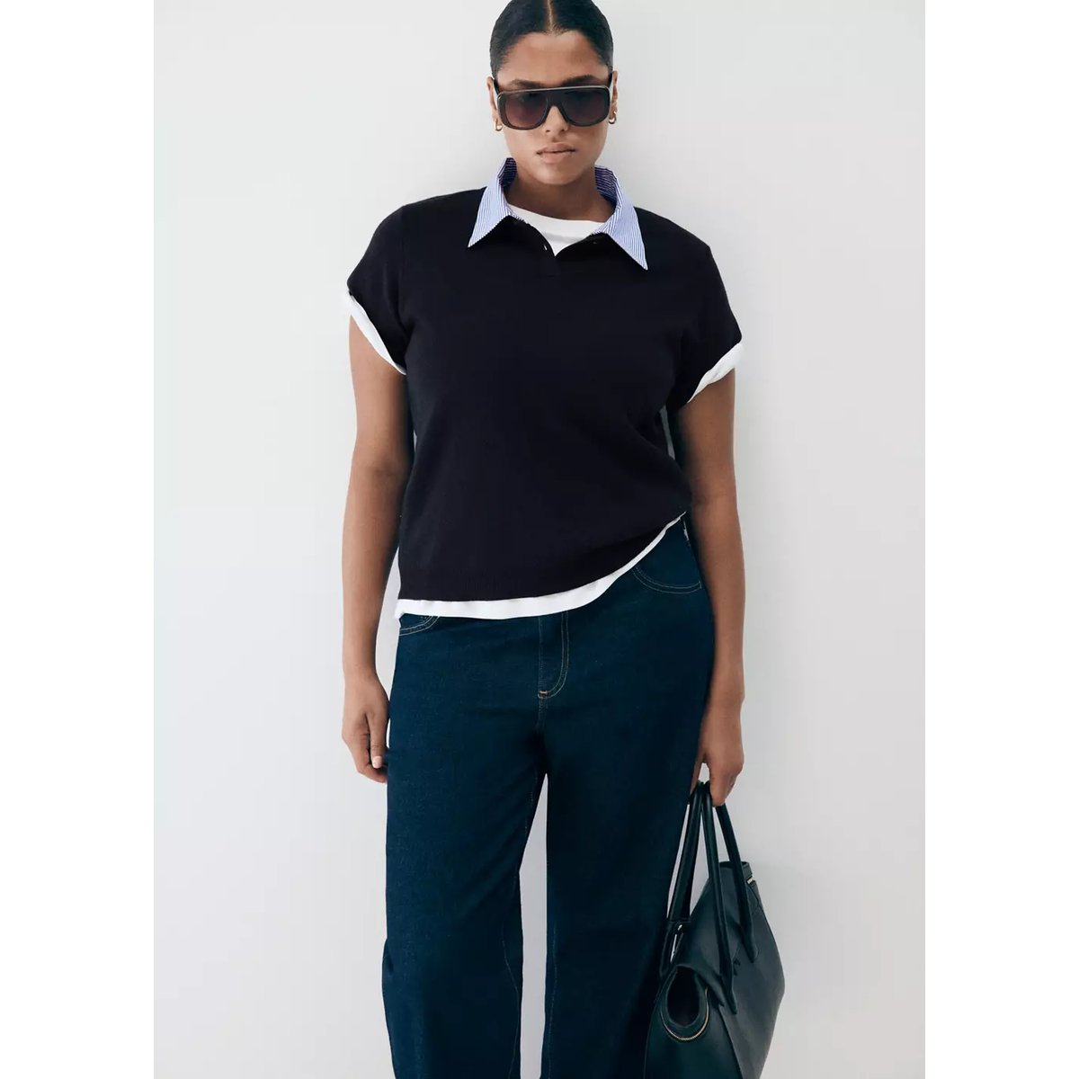Pull col polo à rayures bleu marine foncé, MANGO
