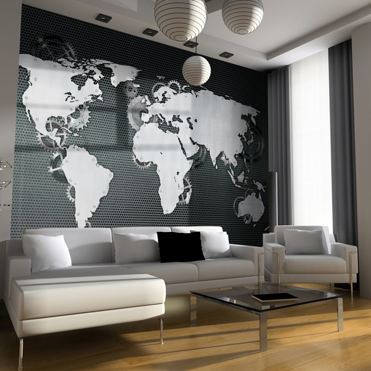 Papier peint intissé panoramique Carte du monde Mechanical World 1 gris / argent, EDEN