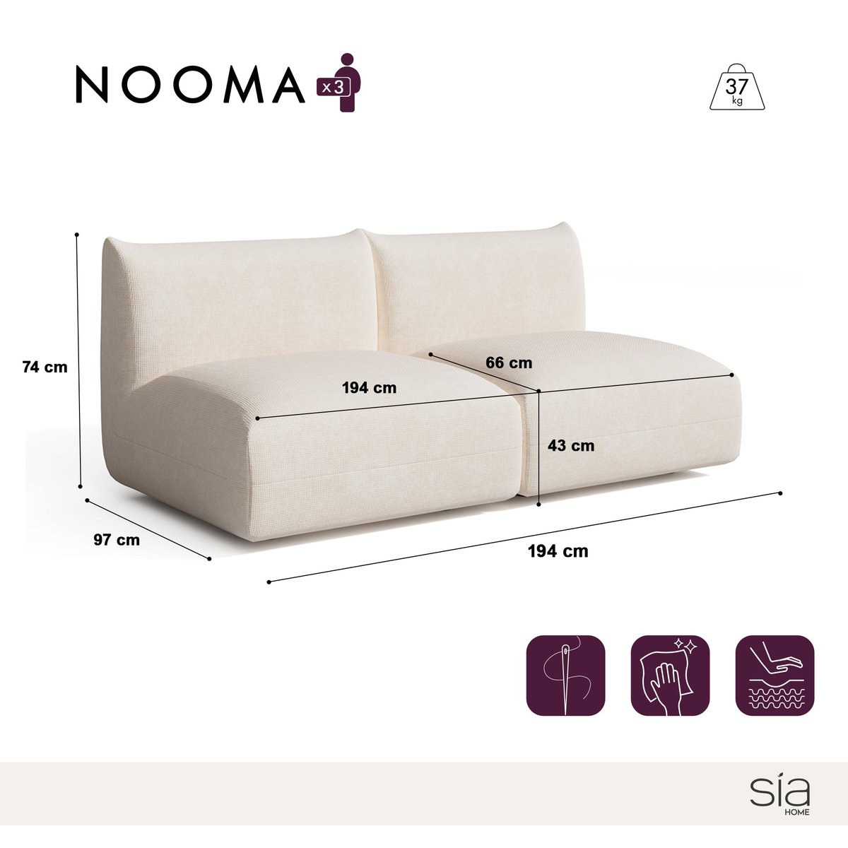 Canapé modulable 3 places en velours chenillé NOOMA crème, SIA HOME