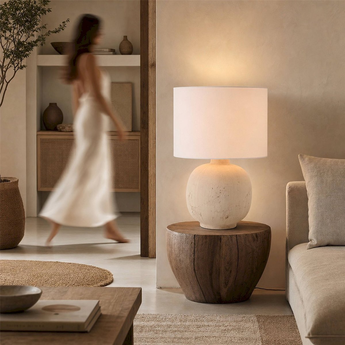 Lampe à poser boule en céramique beige naturel et abat jour blanc cassé, RECOLLECTION