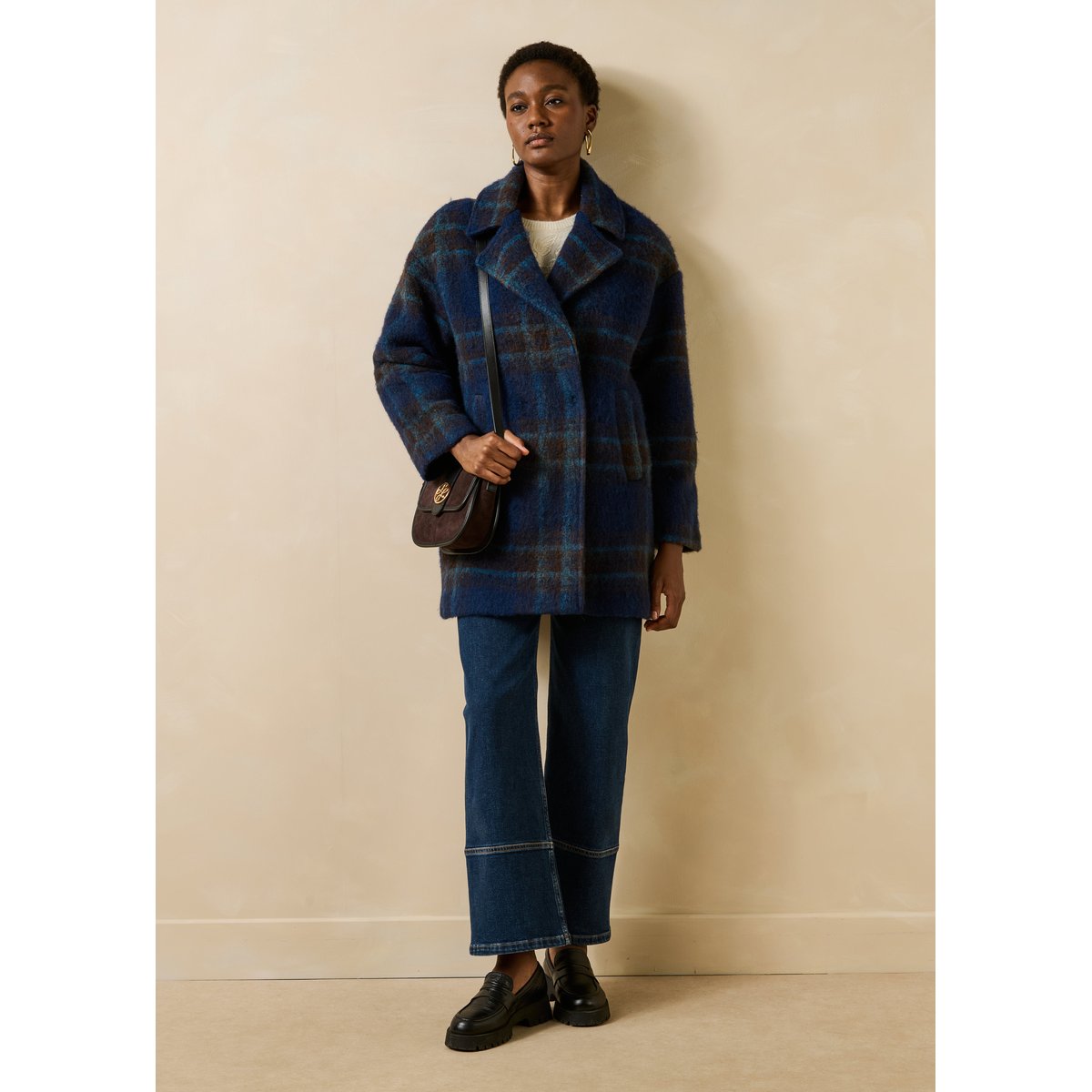 Manteau 3/4 à carreaux en lainage bleu, LA FEE MARABOUTEE