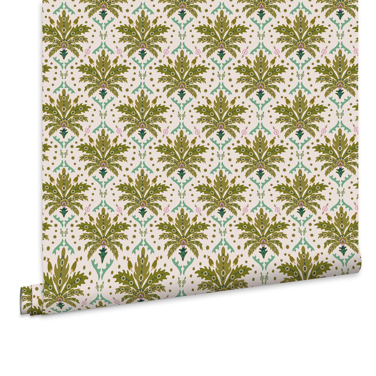 Papier peint Petits palmiers vert, crème, ocre, JOULES