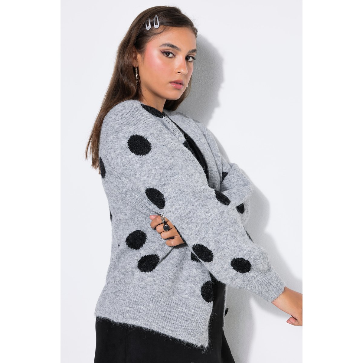 Cardigan, coupe oversize, à pois gris clair chiné, STUDIO UNTOLD