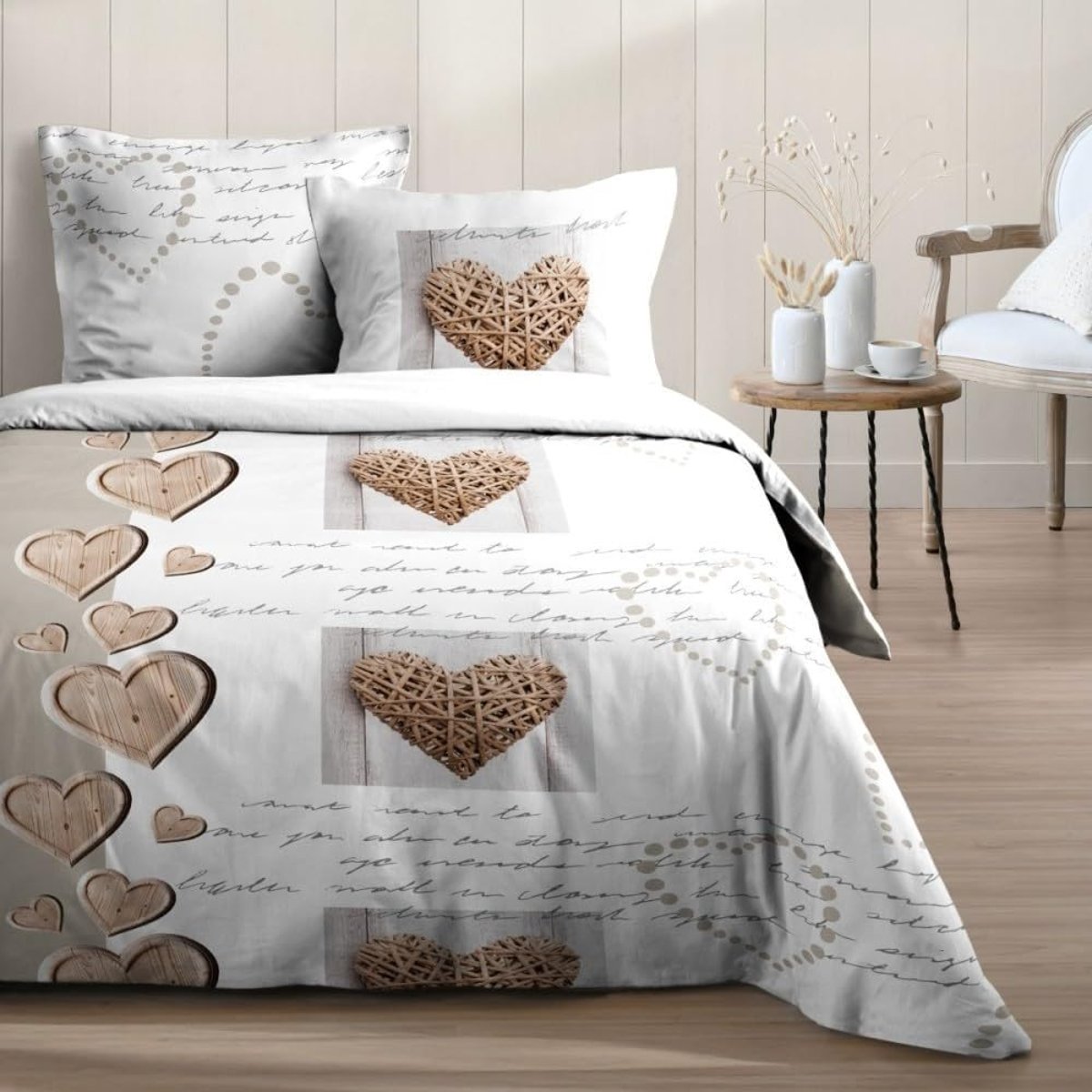 Housse de couette + taie Charming coeur beige, EDEN