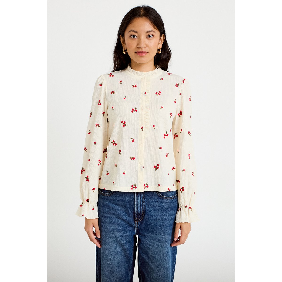 Chemise droite broderie manches longues ecru, CACHE CACHE