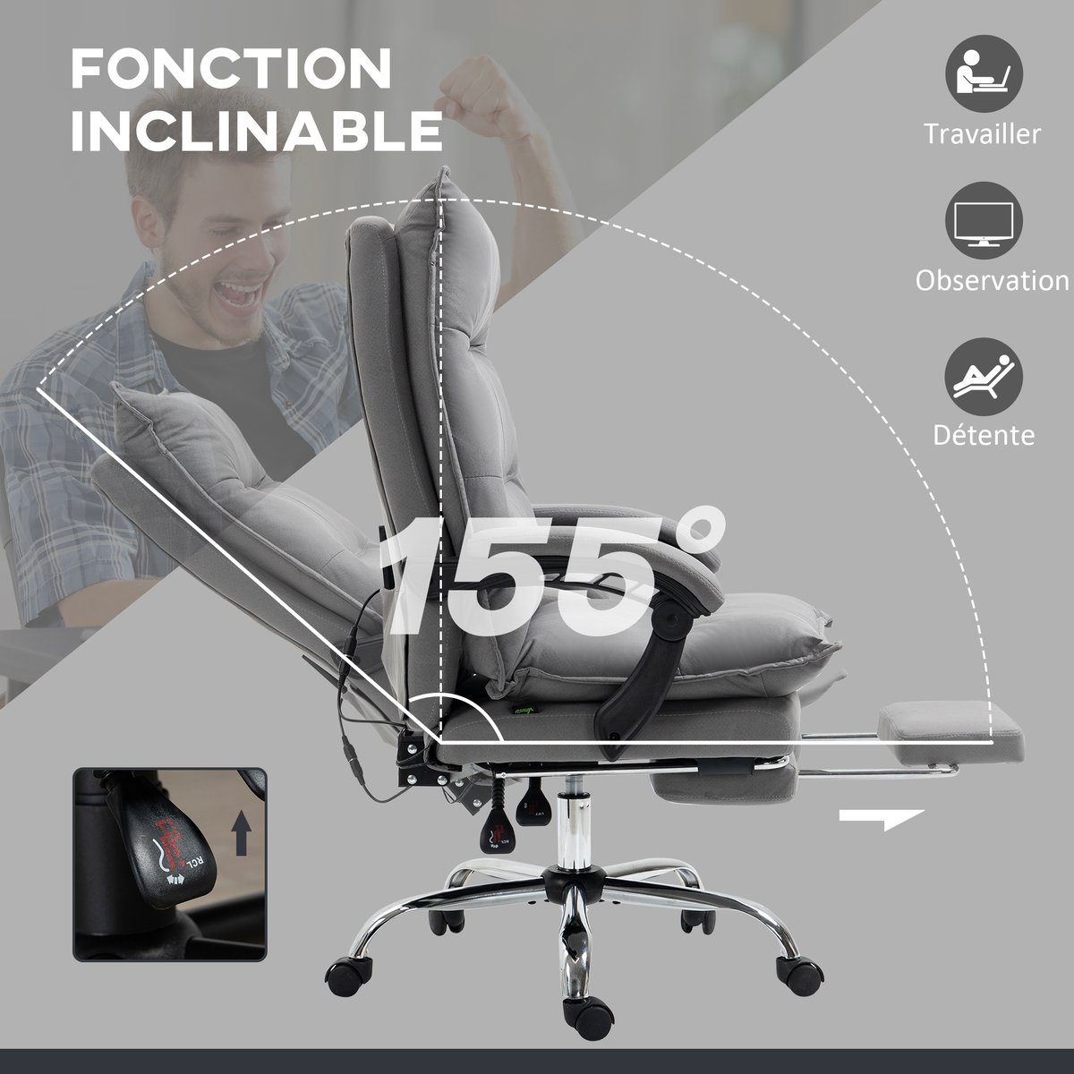 Fauteuil de bureau avec fonction massage gris, HOMCOM