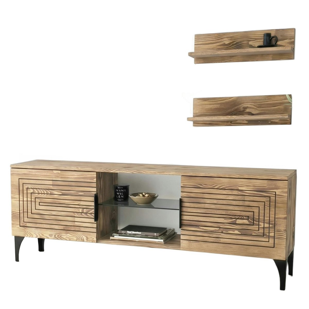 Meuble TV bois clair sculpté - 2 étagères assorties LECCE bois naturel, PIER IMPORT