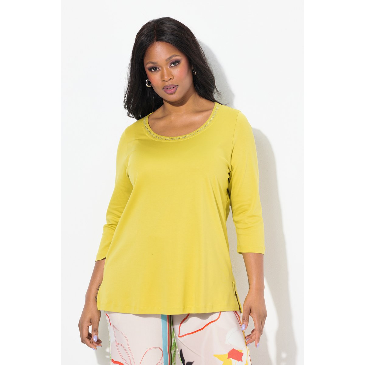 T-shirt en coton Pima. Manches 3/4 et col pistache, ULLA POPKEN