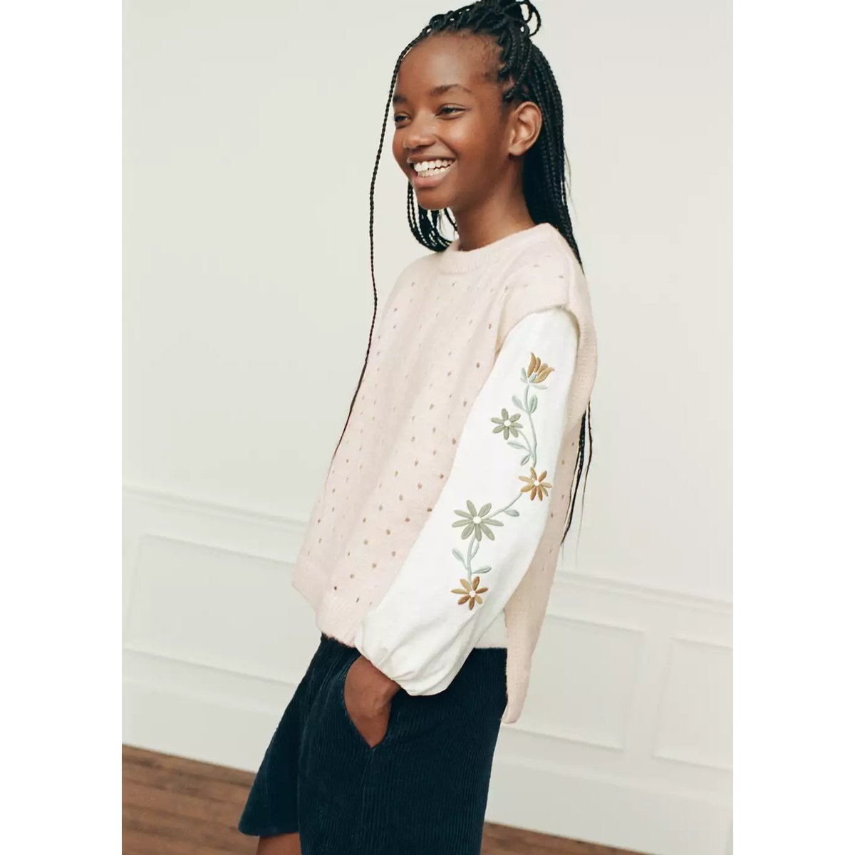 T-shirt coton broderie à fleurs blanc cassé, MANGO KIDS