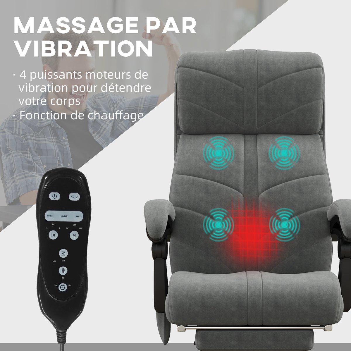 Fauteuil de bureau avec fonction massage gris, HOMCOM