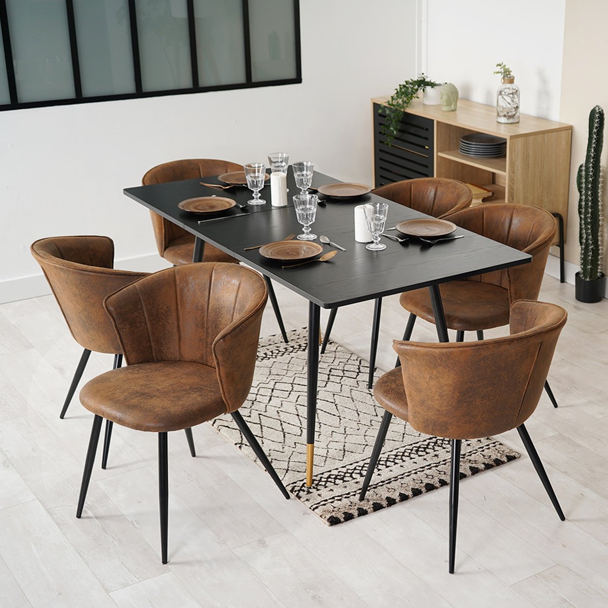 Lot de 6 chaises de salle à manger en microfibre effet suédine style vintage rétro avec structure en métal noir, DONCIC marron, MEUBLES COSY