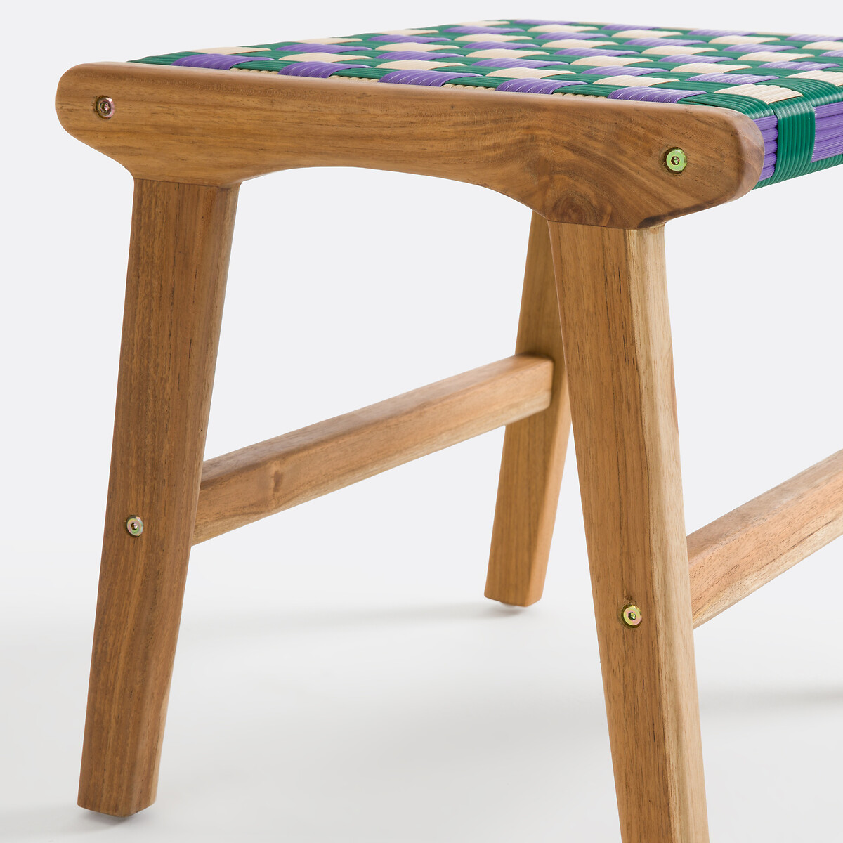 Tabouret en teck massif et résine tressée, BIANCA carreaux violet, LA REDOUTE INTERIEURS