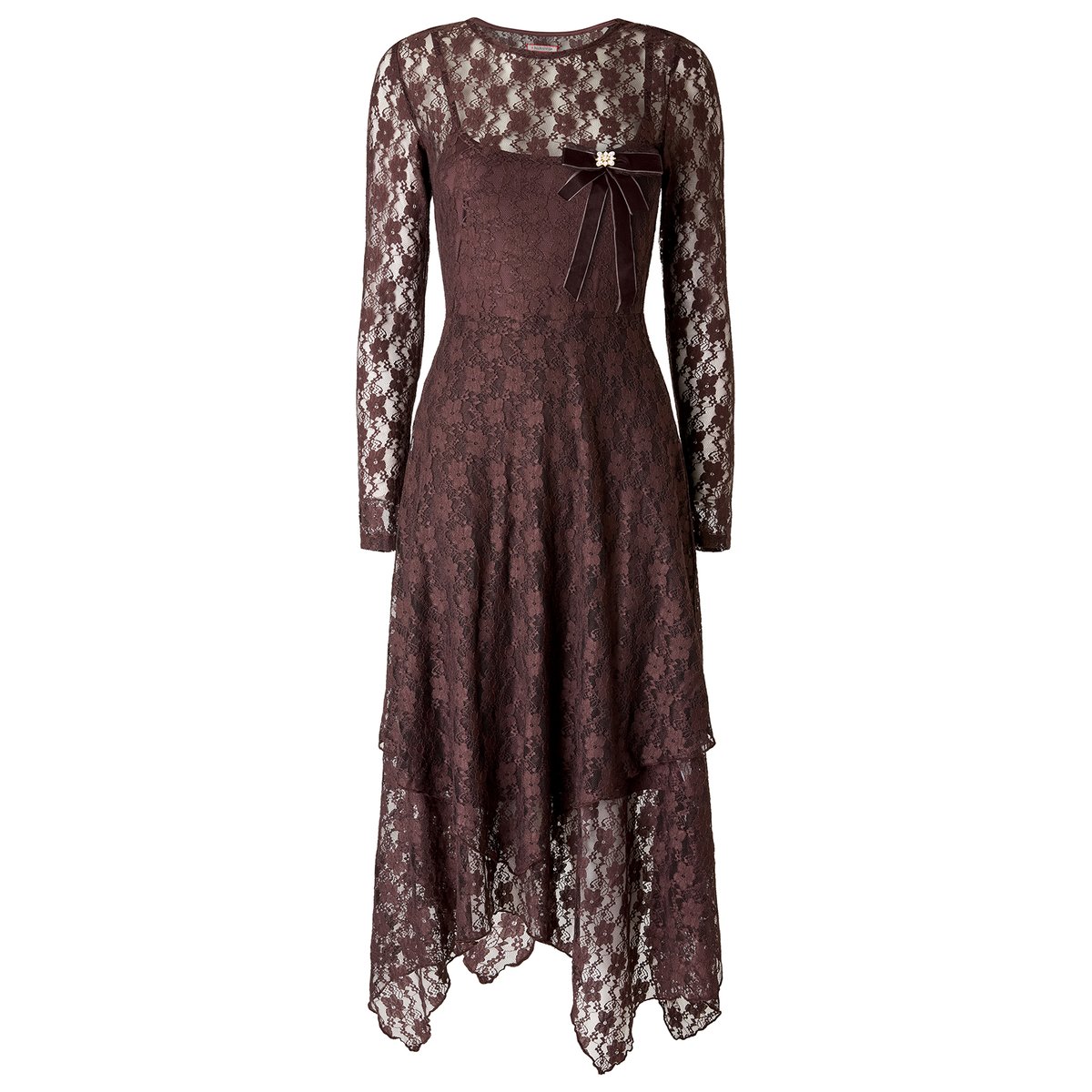 Robe Longue en Dentelle à Manches Longues Bella marron, JOE BROWNS