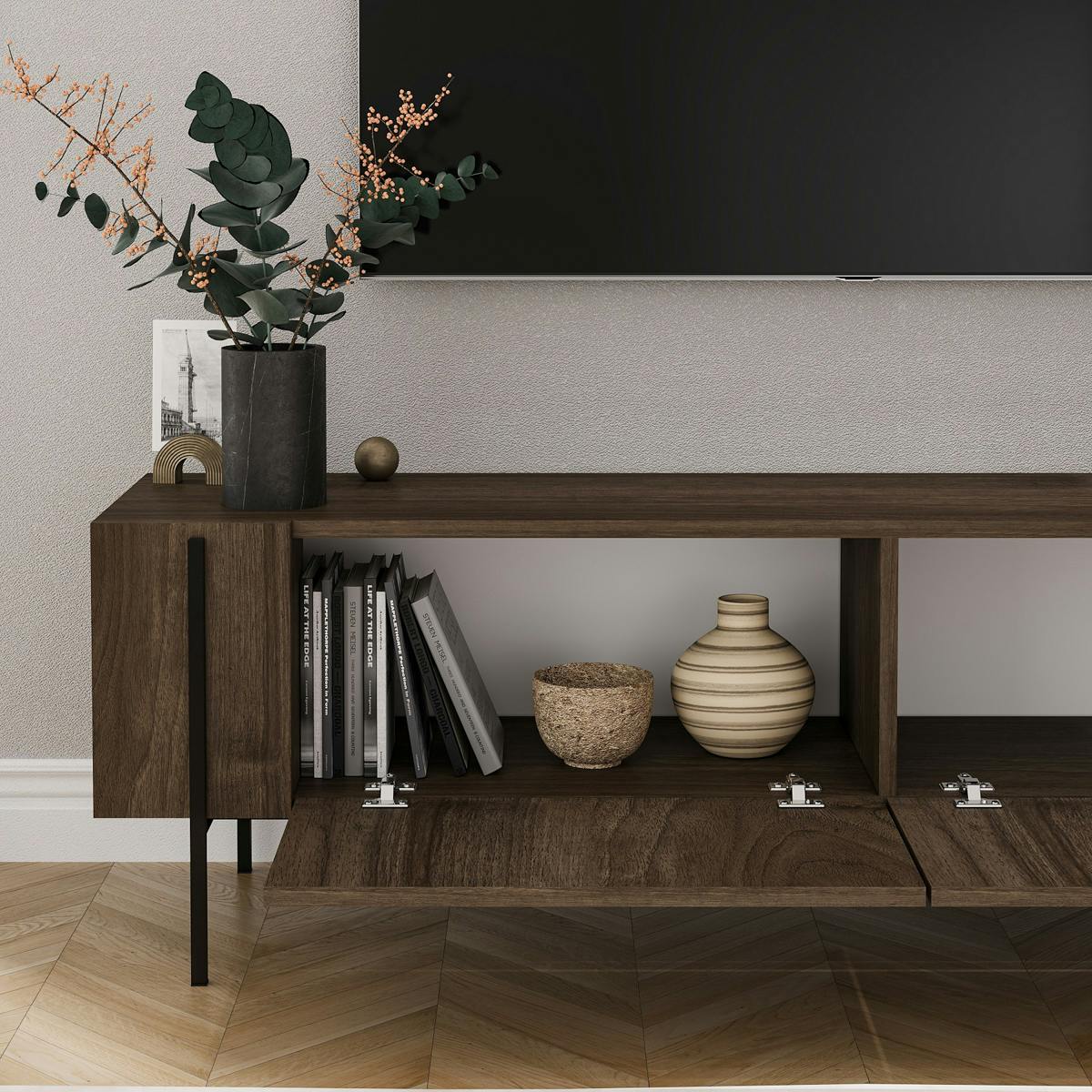 Meuble TV design effet bois foncé pieds noirs baguette JENA bois naturel, PIER IMPORT