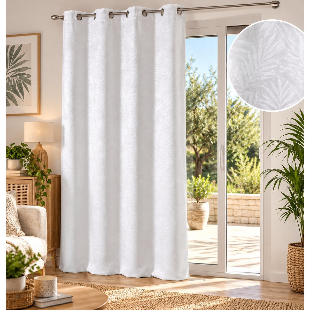 Rideau occultant effet velours Motif feuilles tropicales blanc, EDEN