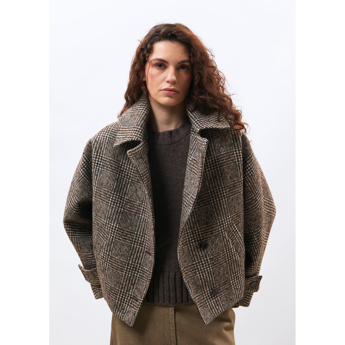 Blouson bicolore en lainage prince de Galles chocolat/off white, HUMILITY