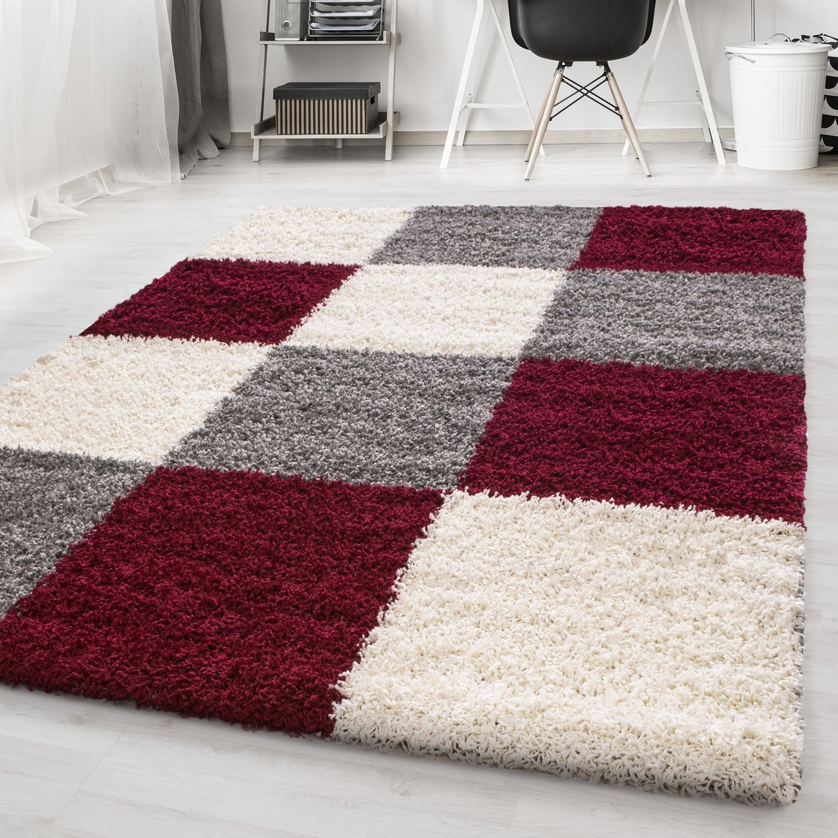 Tapis de salon à motif damier tricolore ODDA rouge, NAZAR RUGS