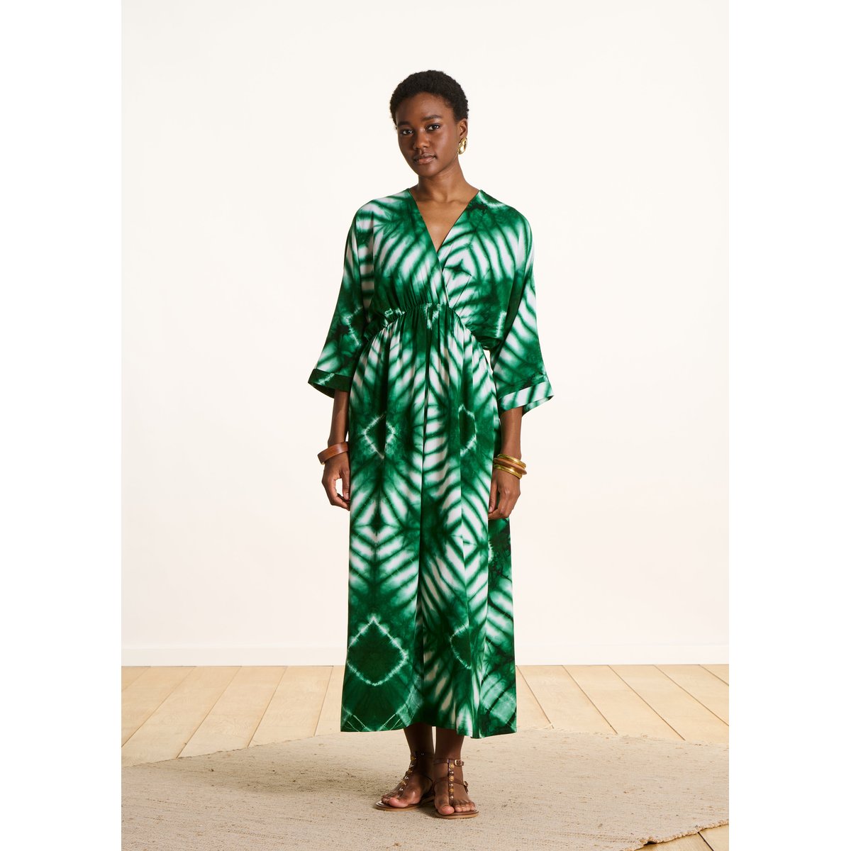 Robe longue manches 3/4 à imprimé vert, LA FEE MARABOUTEE