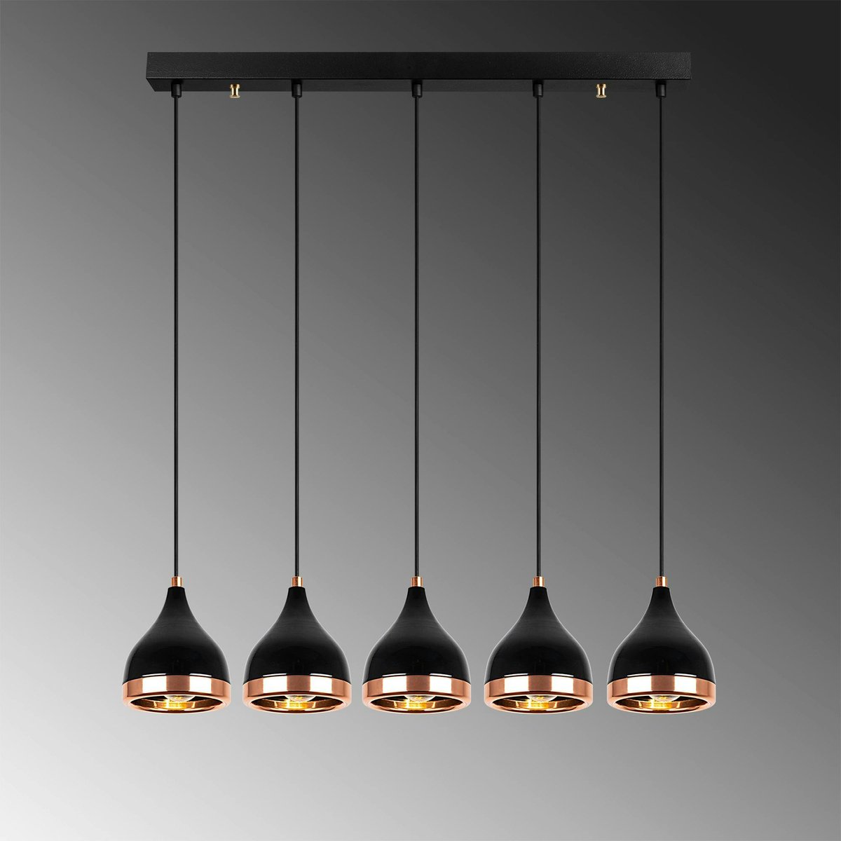 Suspension cuisine noire & cuivre, 5 abat-jour SILE noir, PIER IMPORT