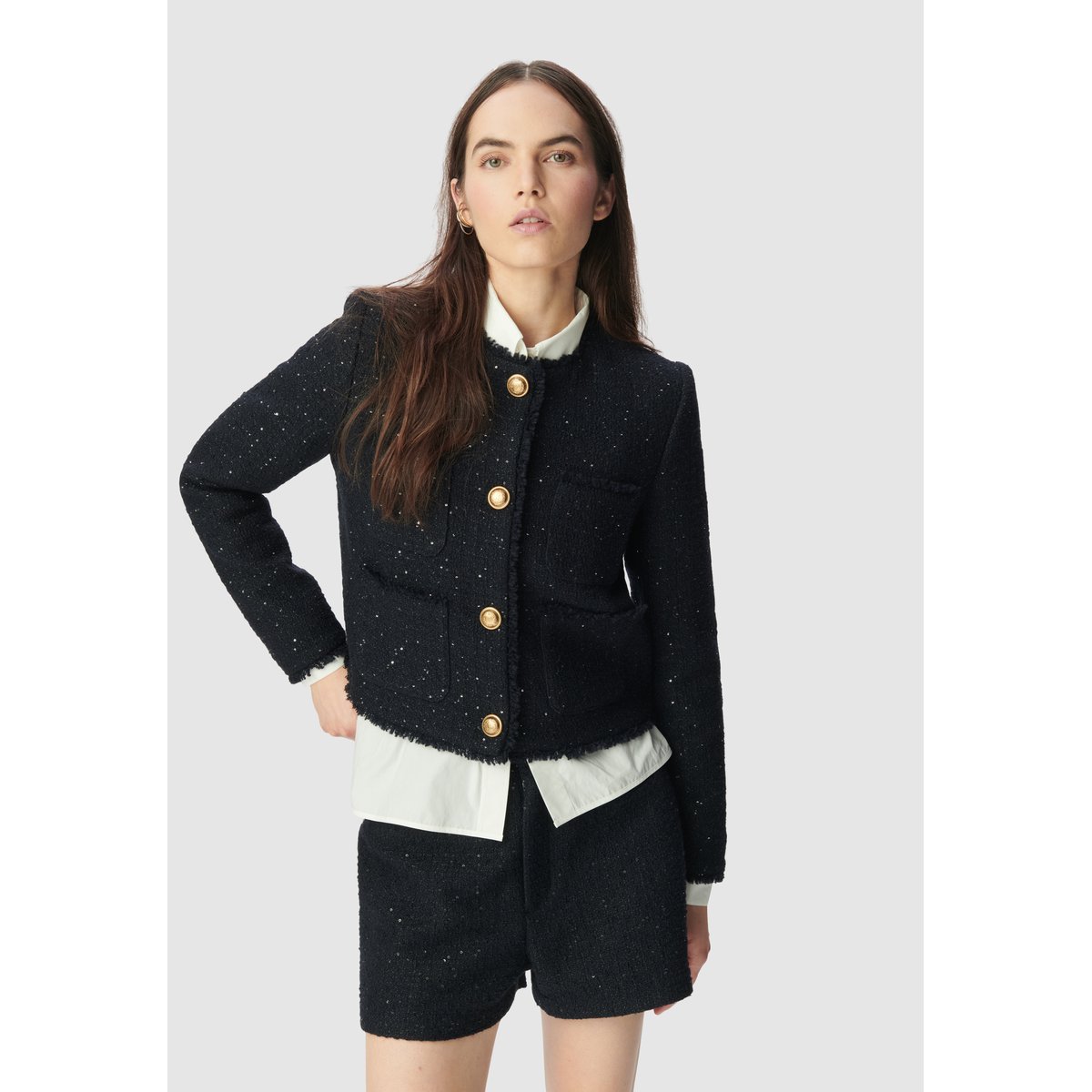 Veste courte effet tweed et sequins brodés bleu marine, IKKS