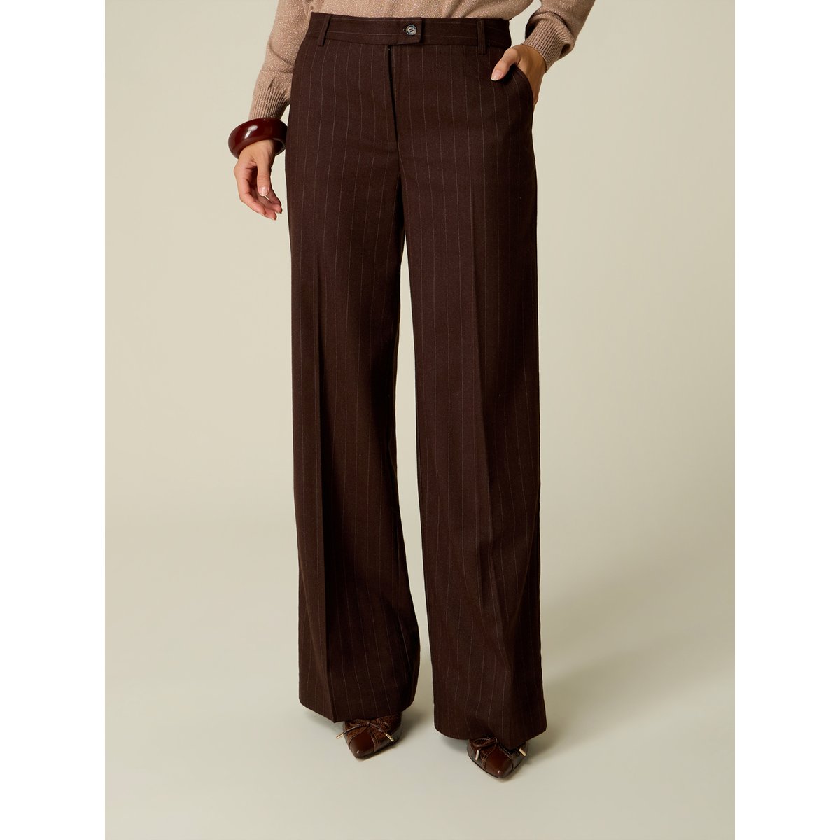 Pantalon palazzo à rayures marron, OLTRE