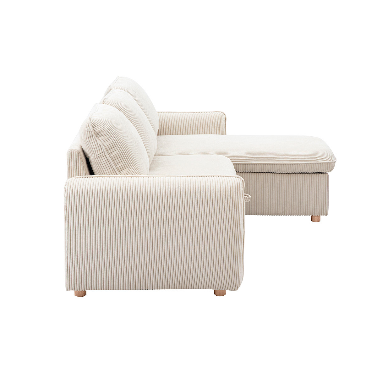 Canapé d'angle convertible réversible avec coffre 3 places en tissu velours côtelé beige et bois clair ORSO beige, MILIBOO