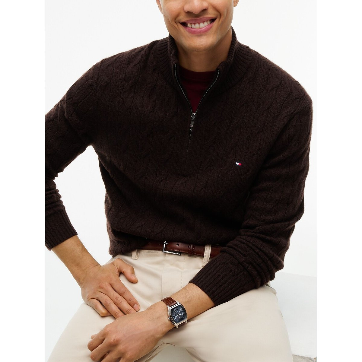 Pull col montant en laine torsadée chocolat, TOMMY HILFIGER