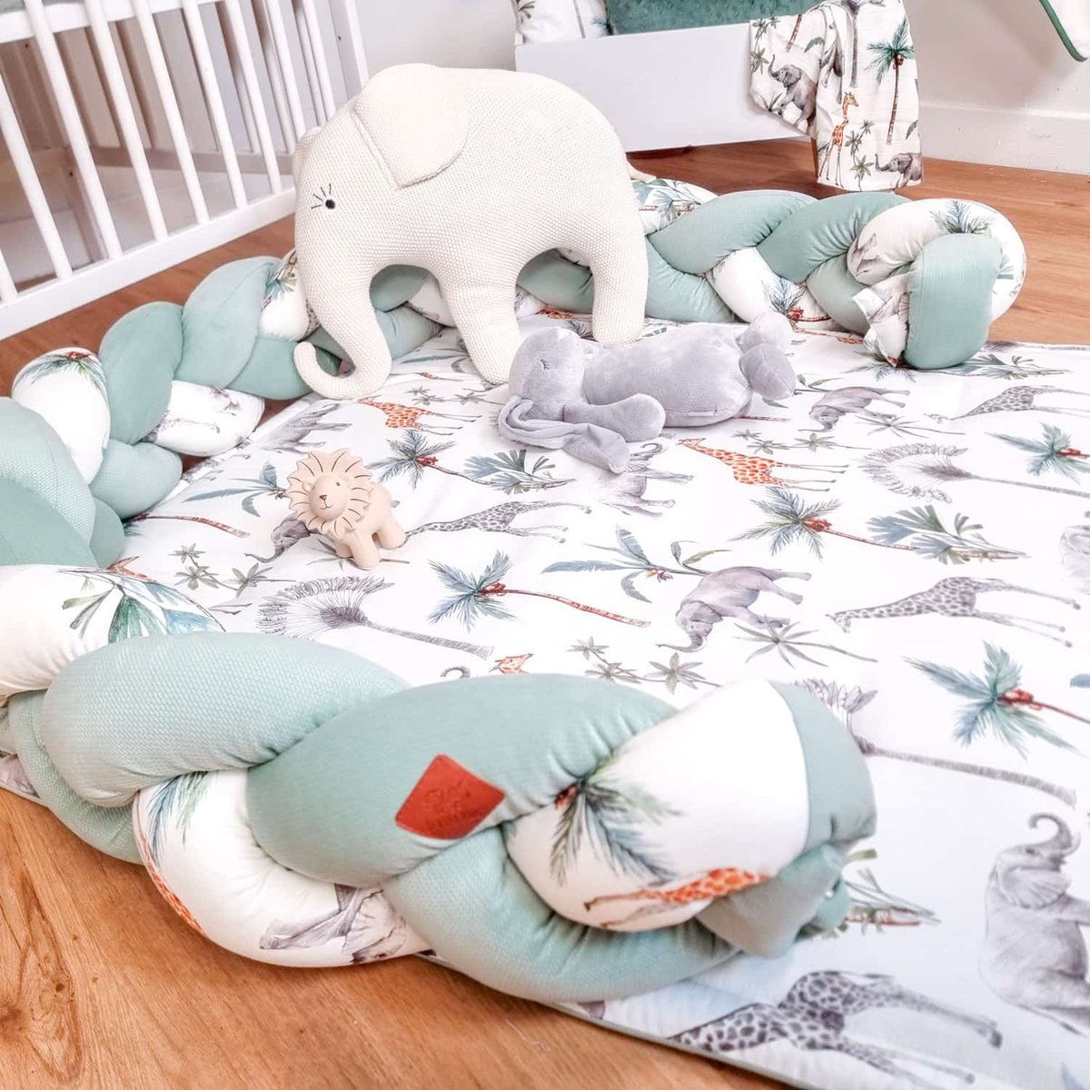 Tresse de lit universelle, tour de lit SAFARI safari, vert, gris, blanc, SEVIRA KIDS
