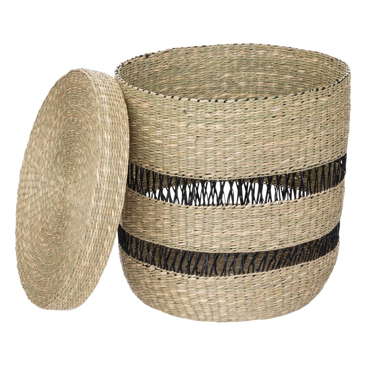 Lot de 2 paniers cylindriques avec couvercle en jonc tressé ajouré JAYLA beige, ATMOSPHERA