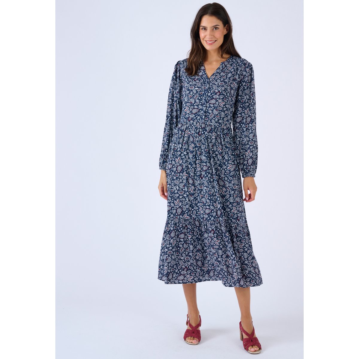 Robe longue pure viscose reliéfée bleu marine fleuri, DAMART