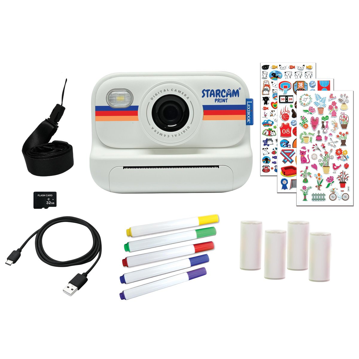 Starcam® Print, appareil photo à impression instantanée avec capteur de 1,3 mm, carte SD et kit de personnalisation des photos blanc, LEXIBOOK