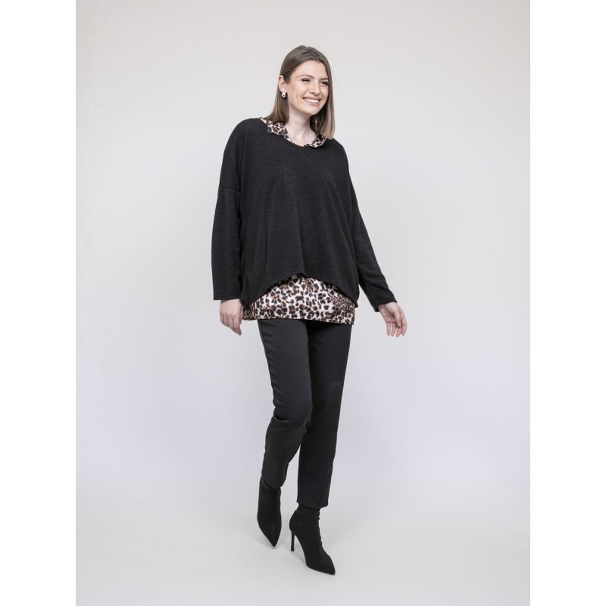 Pull 2 En 1 Chemise Léopard Kubila noir, DONA LISA