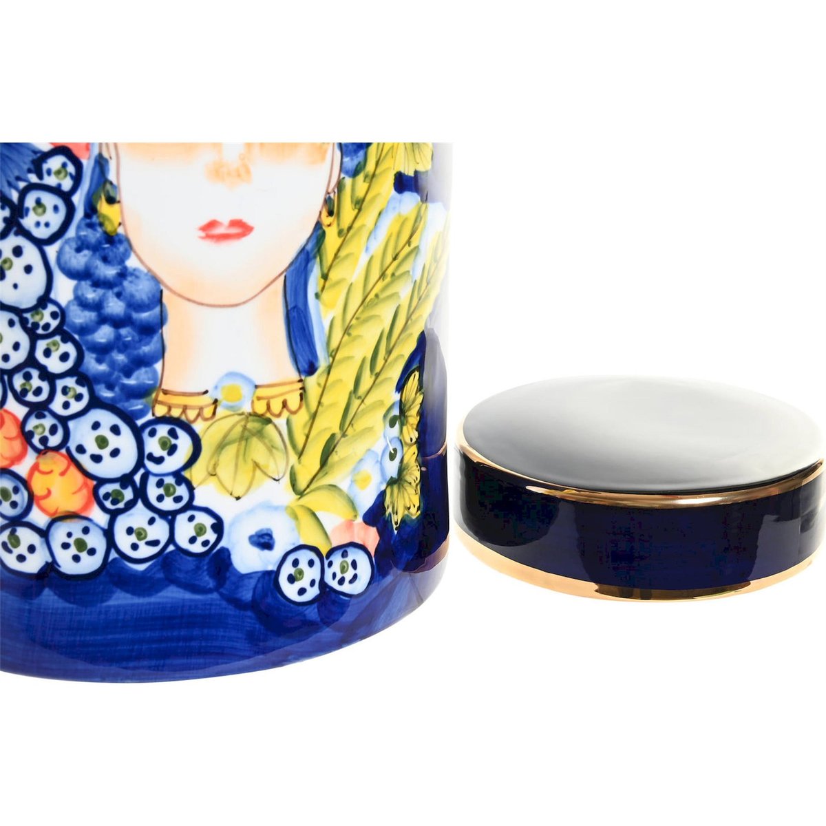 Vase rond en porcelaine visage SHABBY MARGOT multicolore à dominante bleu et jaune, RECOLLECTION