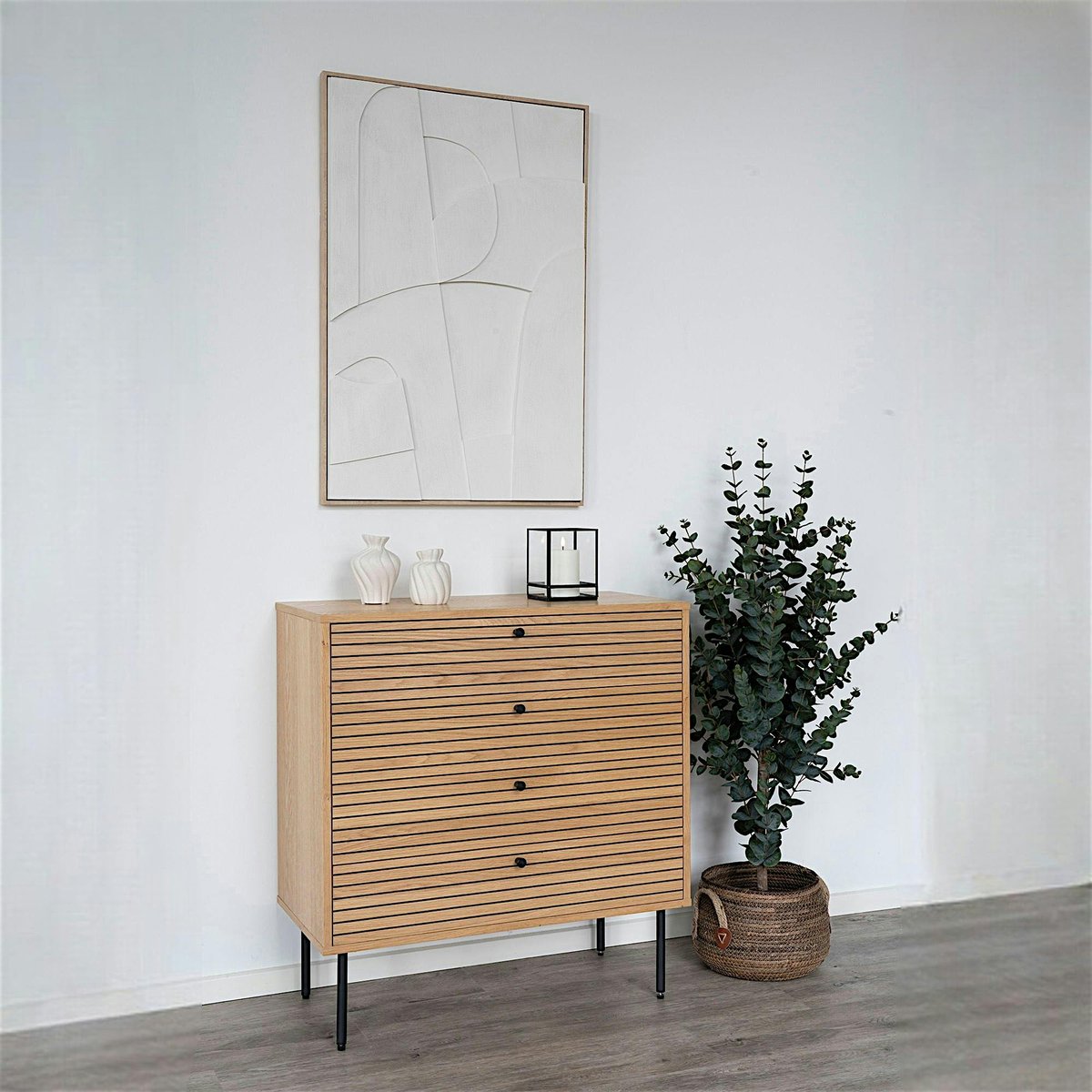 Commode d'entrée 4 tiroirs effet rainuré ASSENS bois naturel, PIER IMPORT