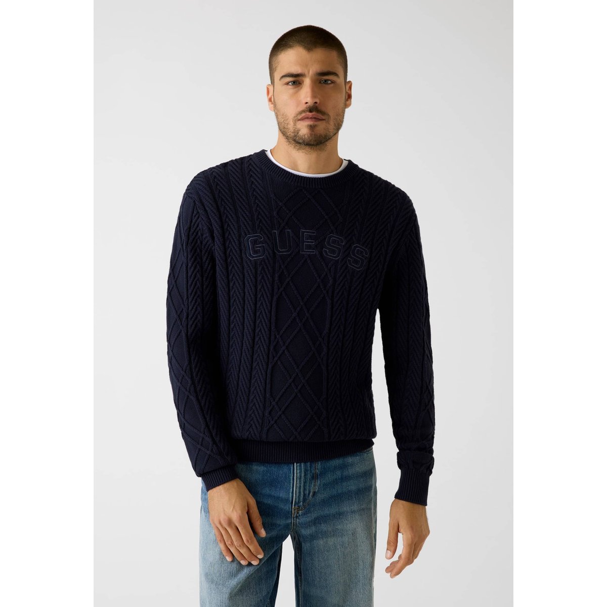 Pull En Maille Torsadée bleu foncé, GUESS