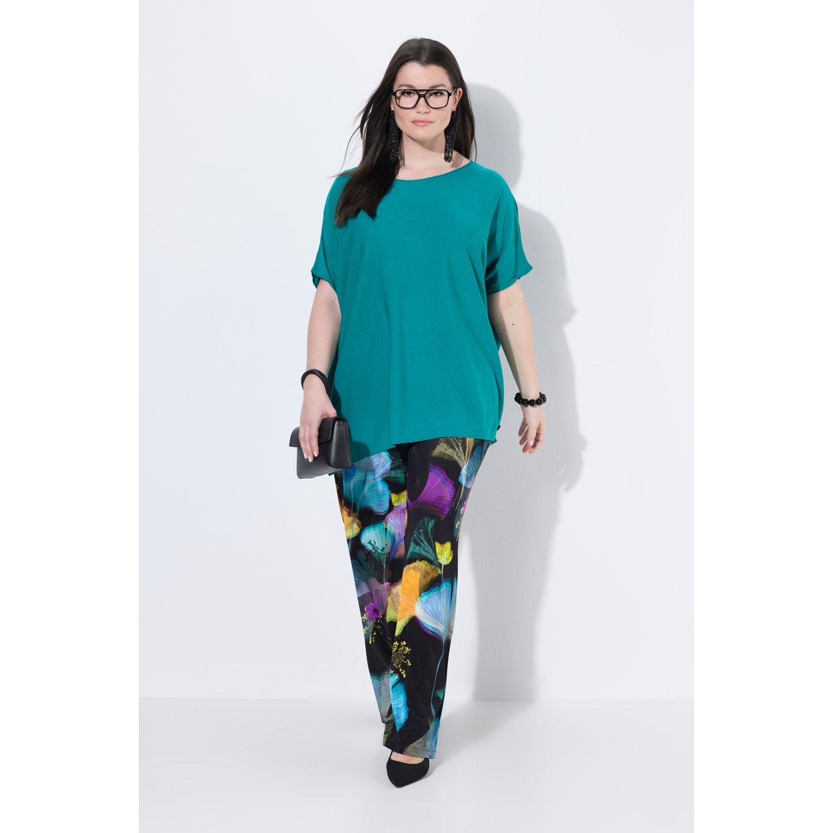 Pantalon slinky, motif ginkgo, plis noir, ULLA POPKEN